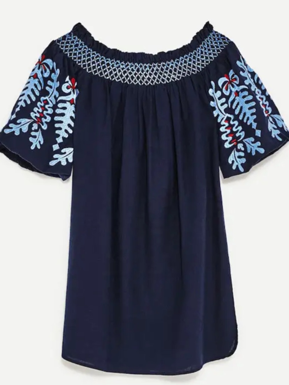 Zara Navy Off-Shoulder Embroidered Dress with Light Blue and Red Accents Peasant